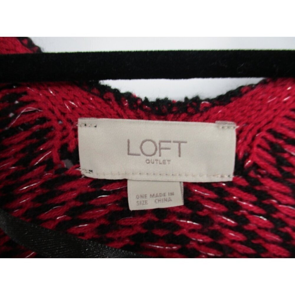 Ann Taylor Loft Poncho Sweater Womens OS Red Black Knit Short Sleeves Casual - Picture 12 of 16